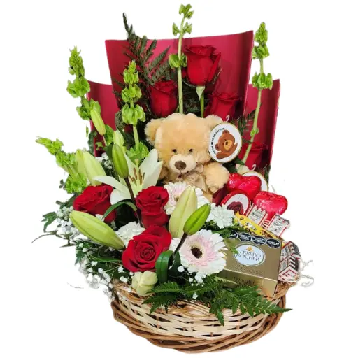 Canasta premium con rosas peluche y chocolates